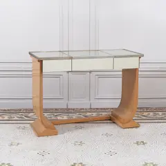 Jules Leleu, Coiffeuse, A signed dressing table in bird's eye maple, curly maple, mirrored glass, chrome-plated brass and metal by  Jules Leleu in 1944