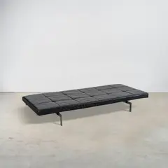 Lit de repos PK80 by Poul Kjaerholm, A marked 'PK80' daybed in chrome-plated steel, lacquered plywood, leather and rubber designed by Poul Kjaerholm in 1957 , offered Oct 2025