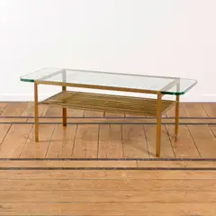 Table basse Vibration by Jules Wabbes, A 'Vibration' low table in brass and glass designed by Jules Wabbes circa 1950 and edited by Mobilier Universel, sold Oct 2025