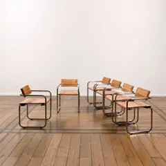 Christophe Gevers, Suite de six chaises CG73, A set of six 'CG73' chairs in tubular steel, oak and leather by Christophe Gevers circa 2000
