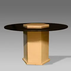 Lucien Leborgne, Table de salle à manger, A dining table in travertine and tinted acrylic glass by Lucien Leborgne