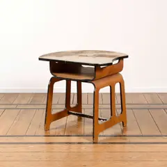 Jules Wabbes, Rare Pupitre Milano, A rare 'Milano' school desk in mold and tinted sipo, teak, vinyl, lacquered stainless steel and metal designed by Jules Wabbes in 1960