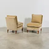 Travail Français, Paire de chauffeuses, A pair of French low chairs in velvet and oak