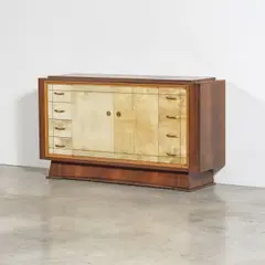Maison Dominique, Buffet, A sideboard in elm, parchment, zebrano, sycamore and gilt metal by Maison Dominique circa 1940