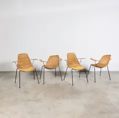 Gianfranco Legler, Ensemble de quatre chaises, A set of four chairs in rattan and lacquered metal by Gianfranco Legler circa 1950