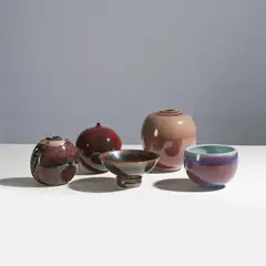 Paul Badié, Suite de quatre vases et deux coupes, A set of four vases and two coupes in glazed stoneware and porcelain by Paul Badié with the artist's seal