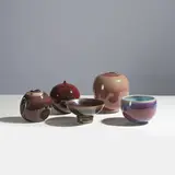 Paul Badié, Suite de quatre vases et deux coupes, A set of four vases and two coupes in glazed stoneware and porcelain by Paul Badié with the artist's seal
