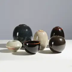 Paul Badié, Suite de cinq vases et un bol, A set of five vases and one bowl in glazed stoneware and porcelain by Paul Badié with the artist's seal