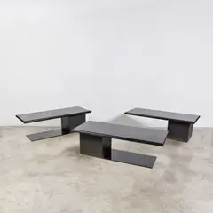 Patrick Hourcade, Suite de trois tables basses, A set of three coffee tables in stone, slate and lacquered metal by Patrick Hourcade