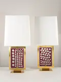Roberto Giulio Rida, Paire de lampes Giro Groviera, An impressed pair of 'Giro Groviera' table lamps in brass and Murano tinted glass by Roberto Giulio Rida in 2015 from an edition of four