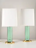 Roberto Giulio Rida, Paire de lampes de table Tegoline Verdi, A unique and impressed pair of 'Tegoline Verdi' table lamps in brass and glass by Roberto Giulio Rida in 2021