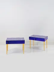 Paire de tables de chevet Stelle blu by Roberto Giulio Rida, A unique and impressed pair of 'Stelle blu' bedside tables in brass, tinted glass and wood by Roberto Giulio Rida in 201, offered Mar 2025
