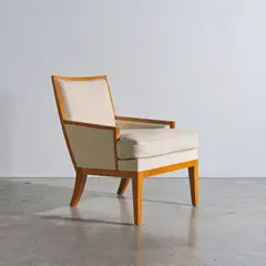 Jean-Michel Frank, Rare fauteuil, A rare armchair in sycamore and fabric designed by Jean-Michel Frank circa 1929 and executed by Chanaux & Pelletier