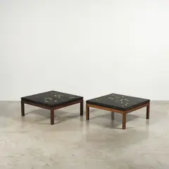 Rare paire de tables basses by Ado Chale, A rare pair of signed low tables in marcasite, resin and lacquered wood by Ado Chale circa 1960, sold Apr 2025