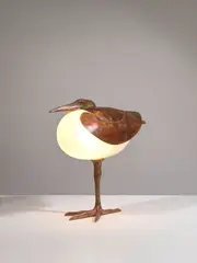 François-Xavier Lalanne, Lampe de table Echassier, petit modèle, Bronze patiné, cuivre patiné et verre opalin