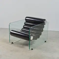 Fabio Lenci, Fauteuil Hyaline, Verre trempé, aluminium, cuir et plastique