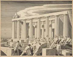 Rockwell Kent, Building the Temple, wood engraving on paper