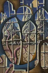 Ira, Barren Landscape Through a Window with Branches and Mountains, oil on canvas