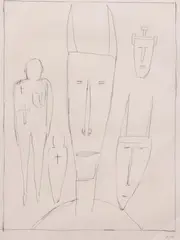 James Brown, Horned Figures and Crosses, pencil on paper drawing