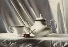 Alexander Sheversky, Still Life with Tea Pot and Cherries, oil on canvas