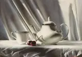 Alexander Sheversky, Still Life with Tea Pot and Cherries, oil on canvas