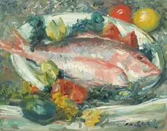 Charles Whitfield Richards, Still Life with Fish on Plate, oil on Masonite