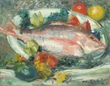 Charles Whitfield Richards, Still Life with Fish on Plate, oil on Masonite