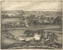 Blanche McVeigh, The Farm Below, etching on paper