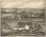 Blanche McVeigh, The Farm Below, etching on paper