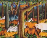 Yvon Jean Pierre, Jungle Landscape with Animals, oil on canvas