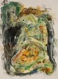 Calvin Waller Burnett, Abstract Composition with Two Figures, oil painting with sgraffito drawing on canvas