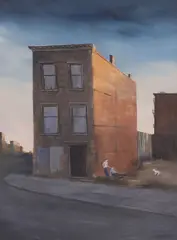 Lone Building with Figures by Richard Fuller Maitland, oil on Masonite, sold Sep 2026