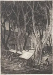 Willie Lucille Reed Rowe, Plaza Market, Taxco, Mexico, etching on paper