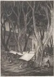 Willie Lucille Reed Rowe, Plaza Market, Taxco, Mexico, etching on paper