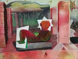 Judy Bally Jensen, The Rain, Chac-mool and Me, etched and mixed media reverse painting on glass