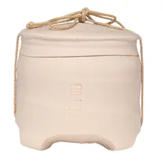 Byron Temple, impressed marks, Contemporary studio art pottery box and cover held with woven fiber tie