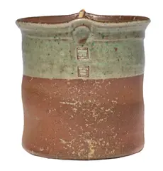 Byron Temple, impressed marks, Contemporary studio art pottery jar and cover with applied bamboo handles
