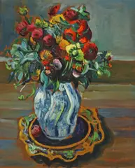 J. Koslowsky, Still Life with Blue and White Vase, oil painting on board