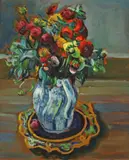 J. Koslowsky, Still Life with Blue and White Vase, oil painting on board