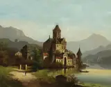 Arnold Meermann, Chateau on an Alpine Lake, oil on canvas