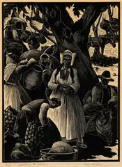Clare Leighton, Loading the Ponies, Wood engraving