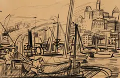 Carl Sprinchorn, Harbor View, New York, Crayon on paper