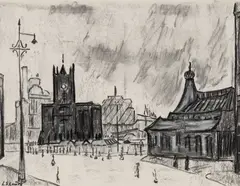 L. S. Lowry, The Flat Iron Market, Salford, Pencil and mixed media on paper