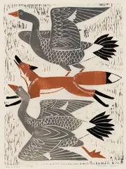 Dahlov Ipcar, Fox + Geese, 1980, Woodblock print