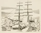 Rockwell Kent, Ship and Icebergs, Pen and ink on paper laid to board
