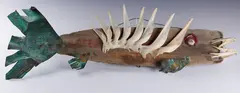 Alex Minewski, Fish Assemblage, Patinated copper, driftwood, glass and bone