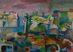 Abstraction by Morris Shulman, 1949, Casein on paper, sold Apr 2024