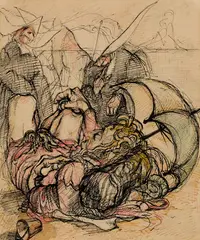 Hyman Bloom, Nuns and Man at Beach, Ink and wash on paper