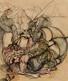 Hyman Bloom, Nuns and Man at Beach, Ink and wash on paper