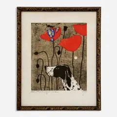 Tadashi Nakayama, Hound of the Afternoon, 1968 Color woodblock on paper 14" x 11 1/2, Pencil